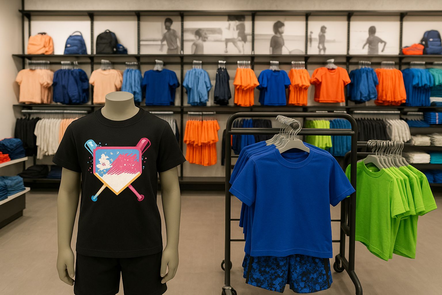 Ungdomars sportkläder, bland annat träningsbyxor och luvtröjor, visas upp i butik.