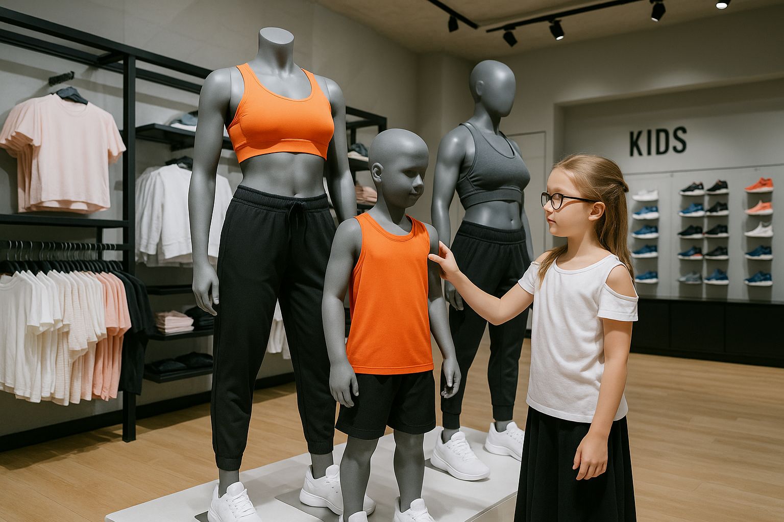 Färgstark display med barnsportkläder hos Kids Brand Store.